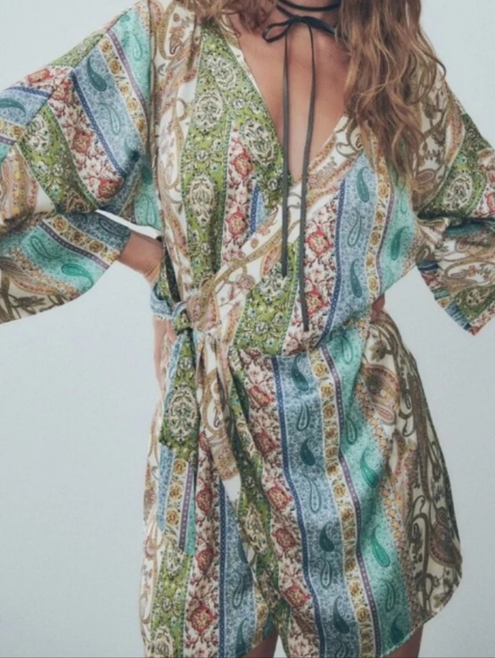 {L} Zara Satin Paisley Faux Wrap Shorts Romper